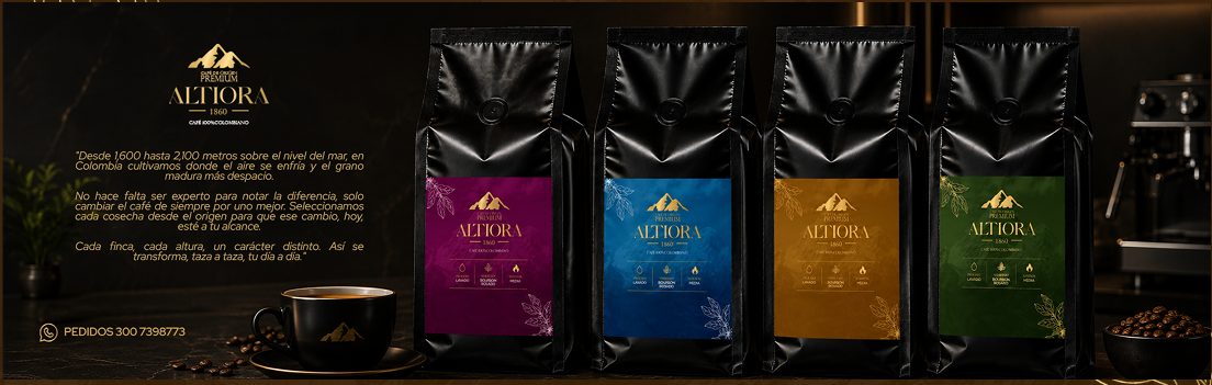 Historia de Altiora 1860 junto a cuatro bolsas de café de especialidad